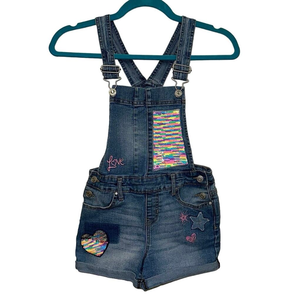 Jordache Denim Short Overalls Girls 7/8 Rainbow Sequin Patch Embroidered